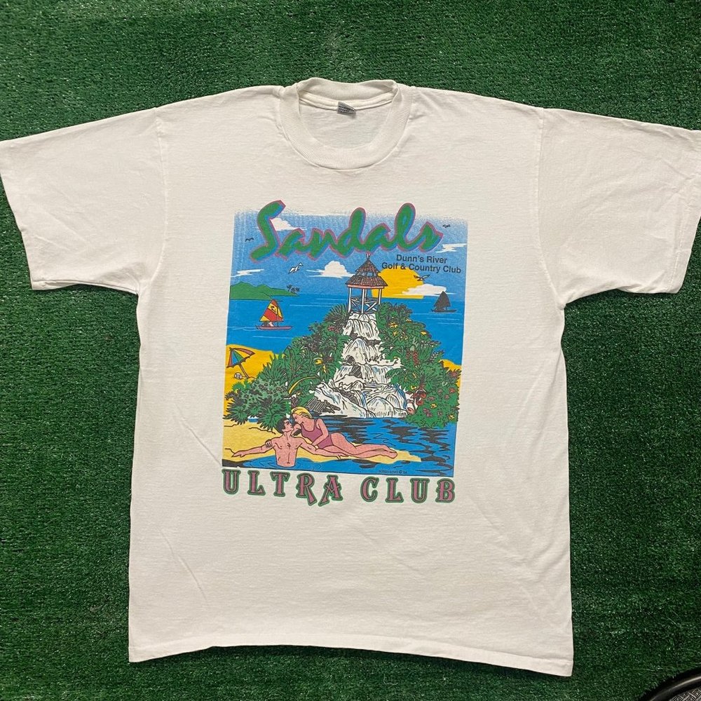 Vintage 90s Sandals Tropical Beach Single Stitch Tourist Tee